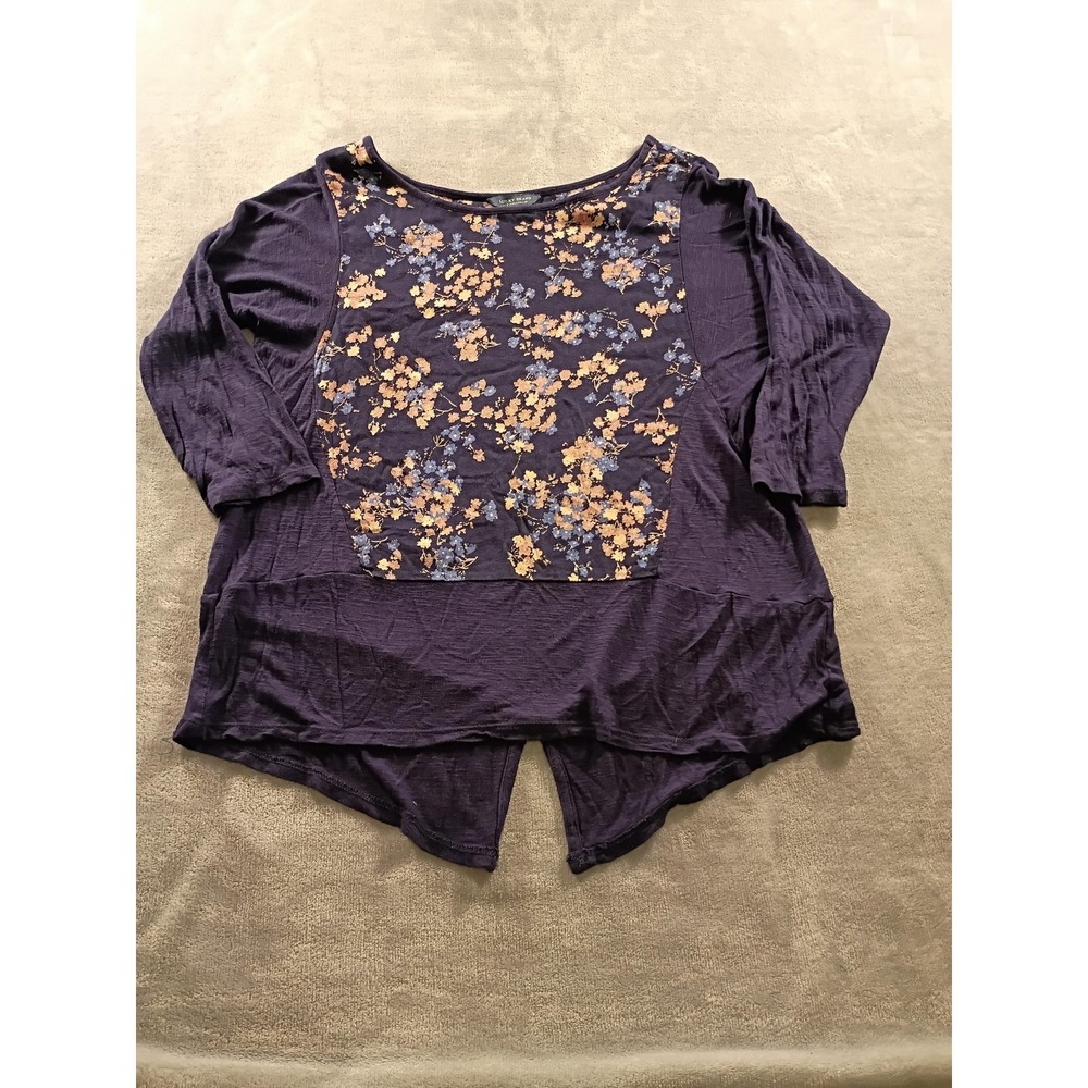 Lucky Brand Shirt Womens Small Blue Floral Scoop Neck 3/4 Sleeve Tunic Top